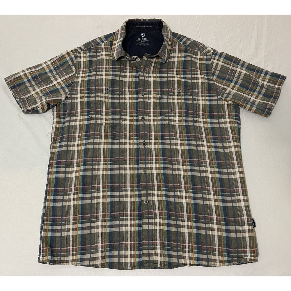 Kuhl Button Down Gray Blue Plaid Short Sleeve‎ Large Shirt Linen Blend